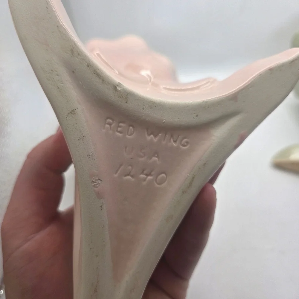 Red Wing Pottery USA 1240 Cornucopia Vase Pair Pink Green MCM Art Pottery